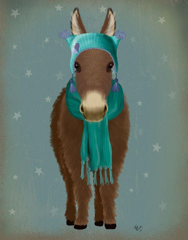 Donkey Blue Hat and Scarf White Modern Wood Framed Art Print with Double Matting by Fab Funky