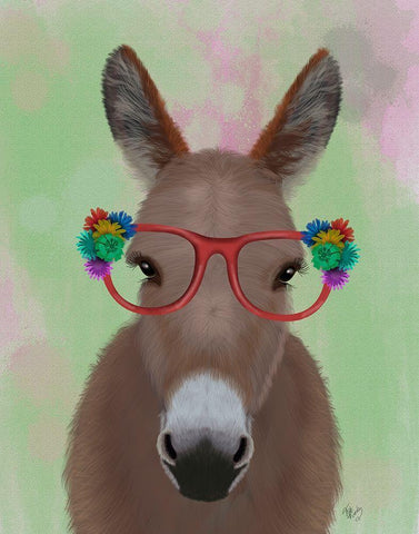 Donkey Red Flower Glasses White Modern Wood Framed Art Print with Double Matting by Fab Funky