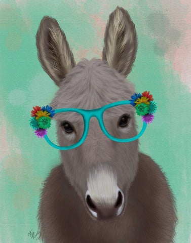 Donkey Turquoise Flower Glasses White Modern Wood Framed Art Print with Double Matting by Fab Funky