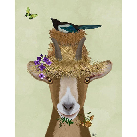 Goat In Straw Hat Gold Ornate Wood Framed Art Print with Double Matting by Fab Funky