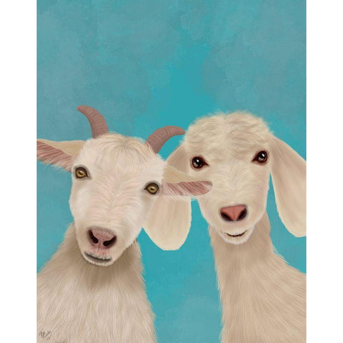 Goat Duo, Looking at You White Modern Wood Framed Art Print by Fab Funky