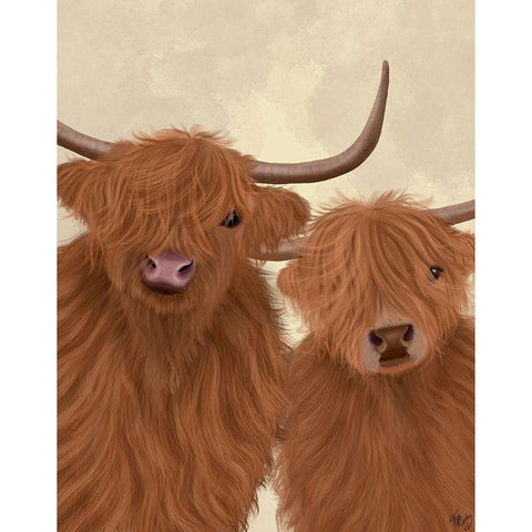 Highland Cow Duo, Looking at You White Modern Wood Framed Art Print by Fab Funky