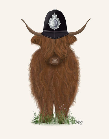 Highland Cow Policeman Black Ornate Wood Framed Art Print with Double Matting by Fab Funky