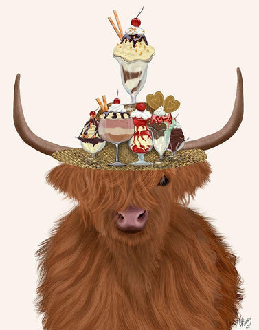 Highland Cow and Ice Cream Hat White Modern Wood Framed Art Print with Double Matting by Fab Funky