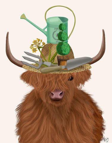 Highland Cow and Gardeners Hat White Modern Wood Framed Art Print with Double Matting by Fab Funky