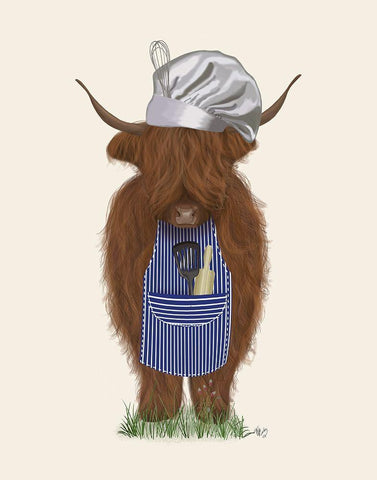 Highland Cow Chef White Modern Wood Framed Art Print with Double Matting by Fab Funky