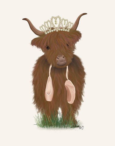Highland Cow Ballet White Modern Wood Framed Art Print with Double Matting by Fab Funky