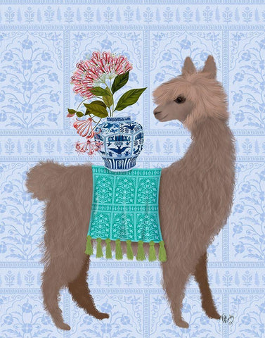 Llama Chinoiserie 1 White Modern Wood Framed Art Print with Double Matting by Fab Funky