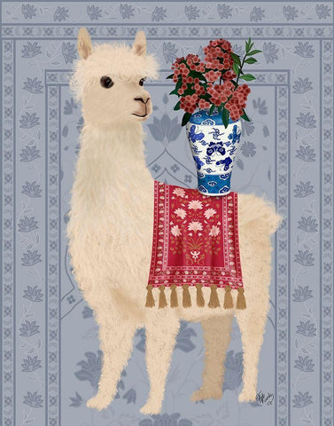 Llama Chinoiserie 2 White Modern Wood Framed Art Print with Double Matting by Fab Funky
