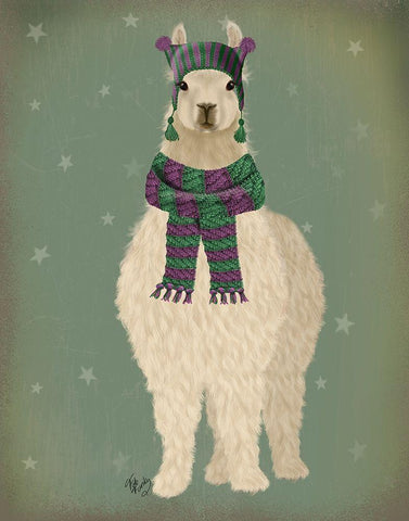 Llama with Purple Scarf, Full White Modern Wood Framed Art Print with Double Matting by Fab Funky