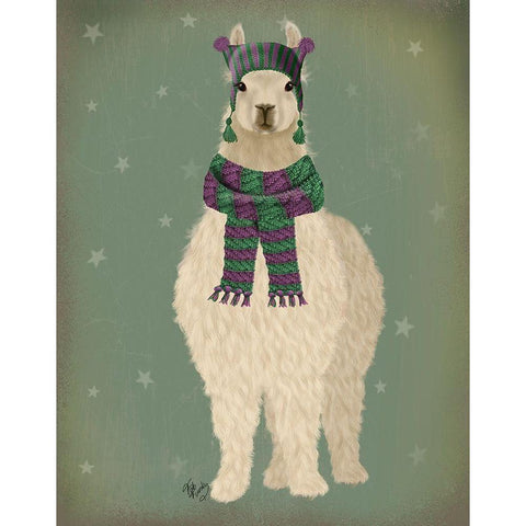 Llama with Purple Scarf, Full Gold Ornate Wood Framed Art Print with Double Matting by Fab Funky