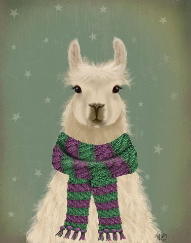 Llama with Purple Scarf, Portrait White Modern Wood Framed Art Print with Double Matting by Fab Funky
