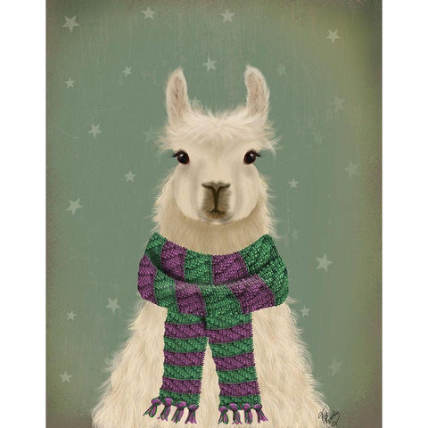Llama with Purple Scarf, Portrait White Modern Wood Framed Art Print by Fab Funky