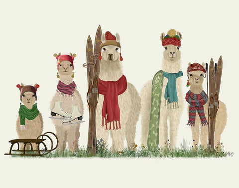 Llama Family Winter Sports White Modern Wood Framed Art Print with Double Matting by Fab Funky