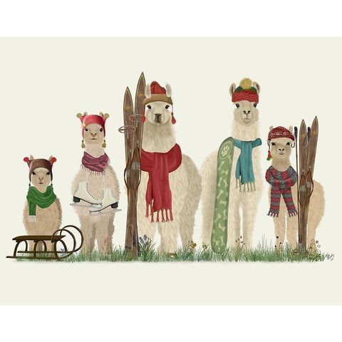 Llama Family Winter Sports Black Modern Wood Framed Art Print with Double Matting by Fab Funky