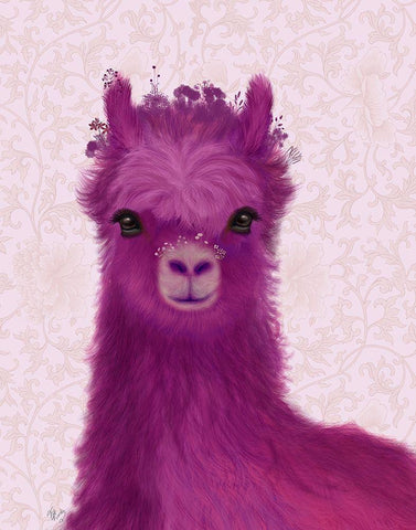 Llama Purple Meadow Flowers White Modern Wood Framed Art Print with Double Matting by Fab Funky