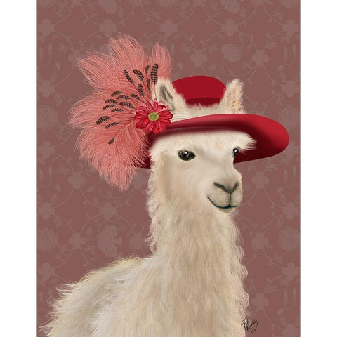 Llama Red Feather Hat Gold Ornate Wood Framed Art Print with Double Matting by Fab Funky