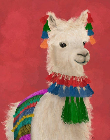 Llama Traditional 1, Portrait White Modern Wood Framed Art Print with Double Matting by Fab Funky