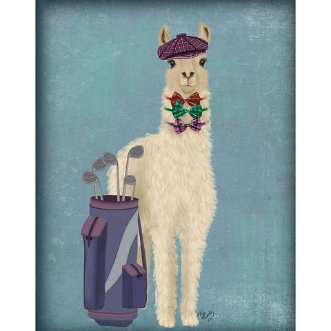 Llama Golfing Gold Ornate Wood Framed Art Print with Double Matting by Fab Funky