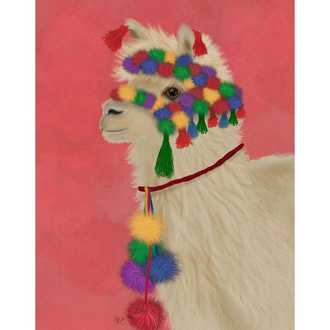 Llama Traditional 2, Portrait White Modern Wood Framed Art Print by Fab Funky