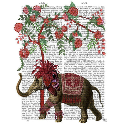 Niraj Elephant, Red Tree White Modern Wood Framed Art Print by Fab Funky