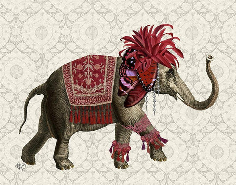 Niraj Elephant, Red Black Ornate Wood Framed Art Print with Double Matting by Fab Funky