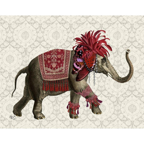 Niraj Elephant, Red White Modern Wood Framed Art Print by Fab Funky