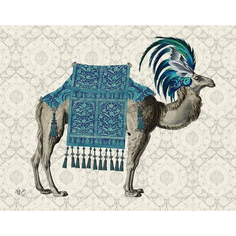 Niraj Camel, Blue Gold Ornate Wood Framed Art Print with Double Matting by Fab Funky