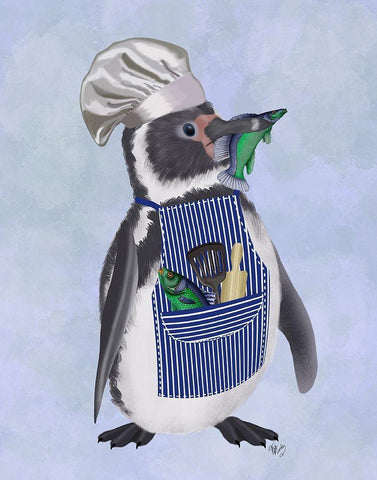 Penguin Chef White Modern Wood Framed Art Print with Double Matting by Fab Funky