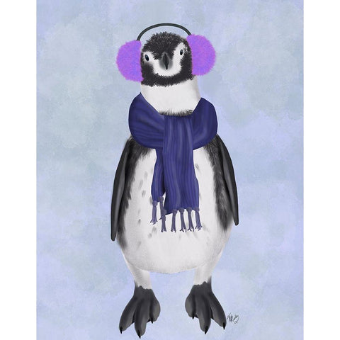 Penguin Ear Muffs Black Modern Wood Framed Art Print with Double Matting by Fab Funky