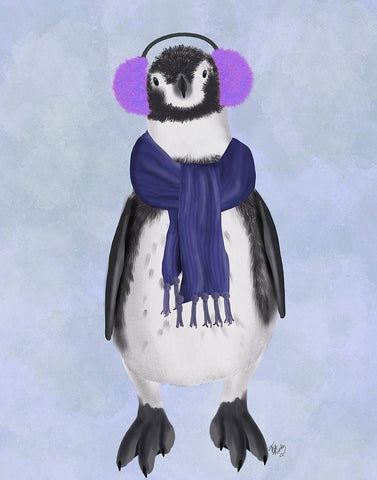 Penguin Ear Muffs Black Ornate Wood Framed Art Print with Double Matting by Fab Funky