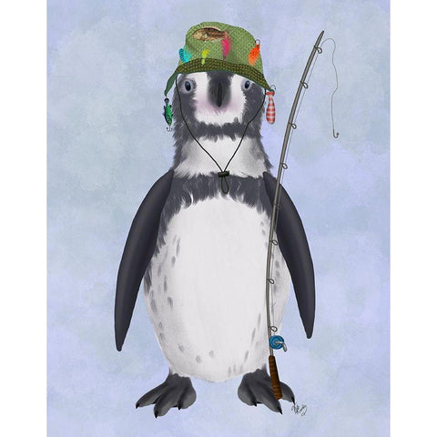 Penguin Fishing Black Modern Wood Framed Art Print with Double Matting by Fab Funky