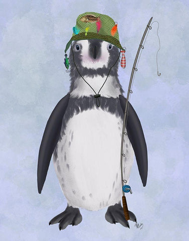 Penguin Fishing White Modern Wood Framed Art Print with Double Matting by Fab Funky