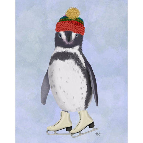 Penguin Ice Skating Black Modern Wood Framed Art Print with Double Matting by Fab Funky