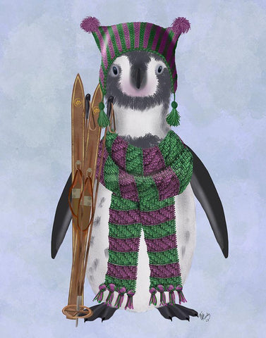 Penguin Skis White Modern Wood Framed Art Print with Double Matting by Fab Funky