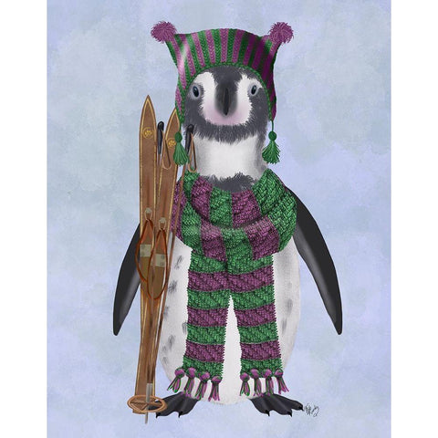 Penguin Skis White Modern Wood Framed Art Print by Fab Funky