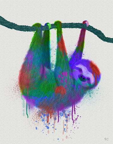 Sloth Rainbow Splash Black Ornate Wood Framed Art Print with Double Matting by Fab Funky