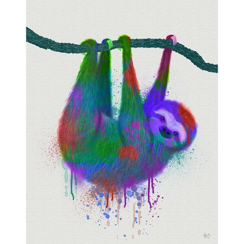 Sloth Rainbow Splash White Modern Wood Framed Art Print by Fab Funky