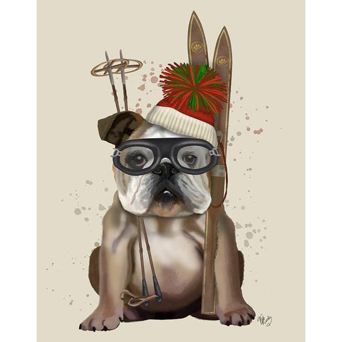 English Bulldog, Skiing Black Modern Wood Framed Art Print with Double Matting by Fab Funky
