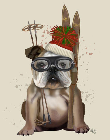 English Bulldog, Skiing White Modern Wood Framed Art Print with Double Matting by Fab Funky
