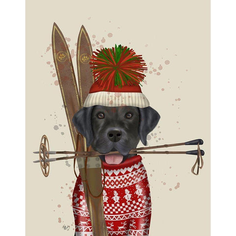 Black Labrador, Skiing Black Modern Wood Framed Art Print with Double Matting by Fab Funky