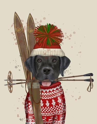 Black Labrador, Skiing White Modern Wood Framed Art Print with Double Matting by Fab Funky