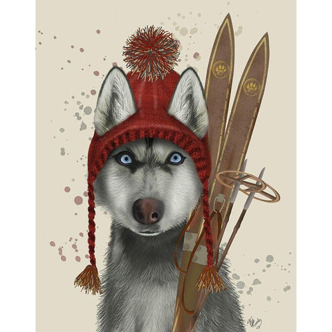 Husky, Skiing Gold Ornate Wood Framed Art Print with Double Matting by Fab Funky