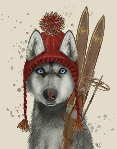 Husky, Skiing White Modern Wood Framed Art Print with Double Matting by Fab Funky