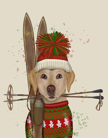 Yellow Labrador, Skiing White Modern Wood Framed Art Print with Double Matting by Fab Funky
