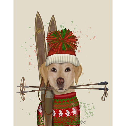 Yellow Labrador, Skiing Black Modern Wood Framed Art Print by Fab Funky