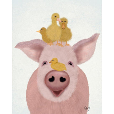Pig and Ducklings Gold Ornate Wood Framed Art Print with Double Matting by Fab Funky