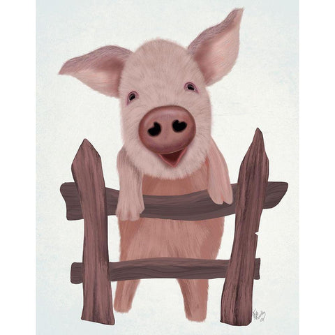 Pig On Fence White Modern Wood Framed Art Print by Fab Funky
