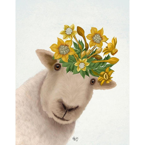 Sheep with Daffodil Crown Black Modern Wood Framed Art Print with Double Matting by Fab Funky