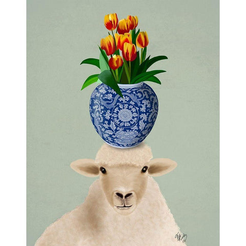 Sheep and Tulips White Modern Wood Framed Art Print by Fab Funky